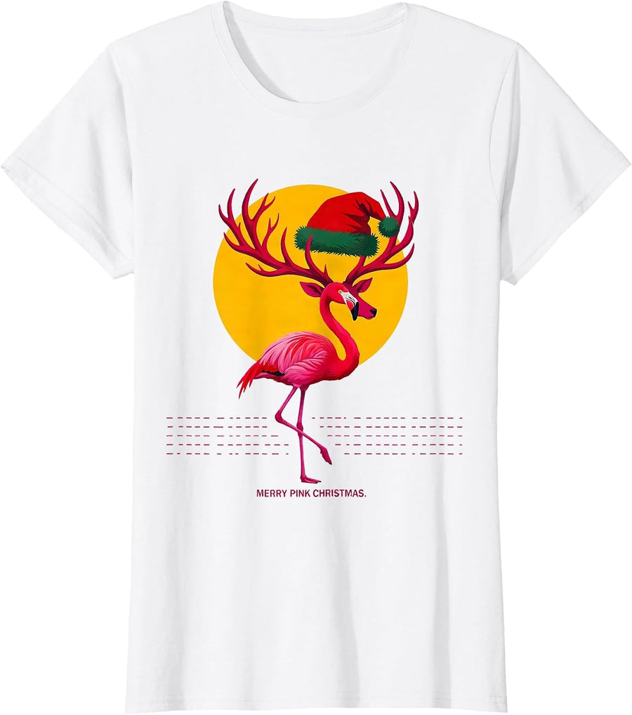 Women's Merry Pink Christmas Flamingo Santa Hat Holiday Humor T-Shirt - White