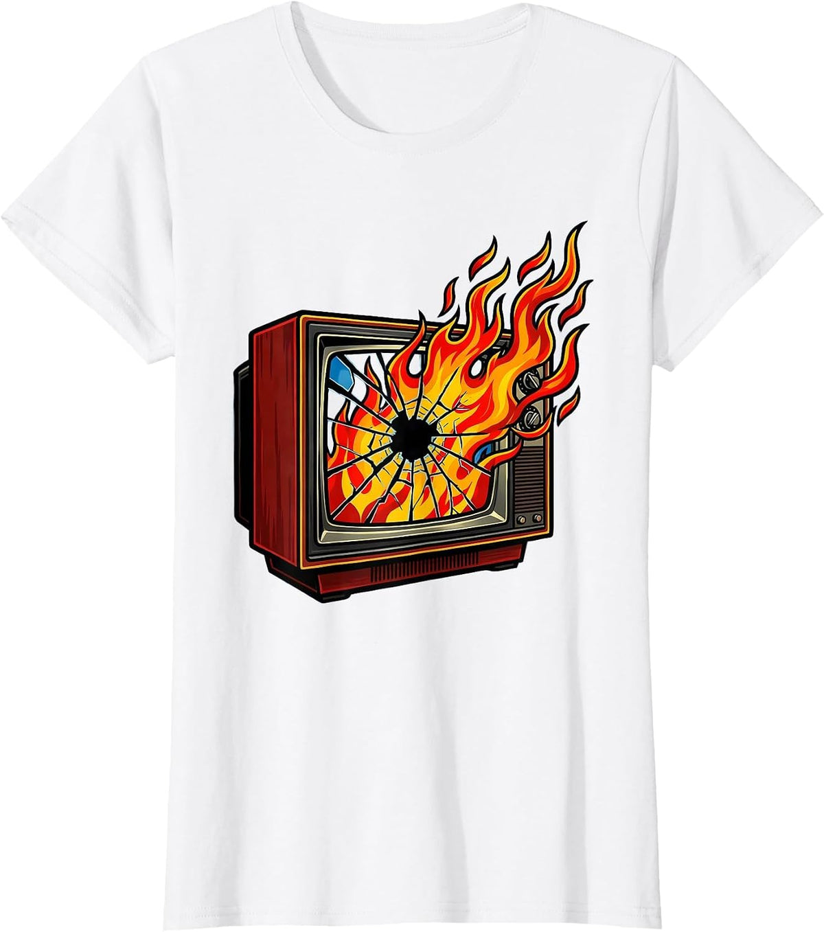 Women's Punk Rock Burning TV Cracked Screen Graphic T-Shirt - White