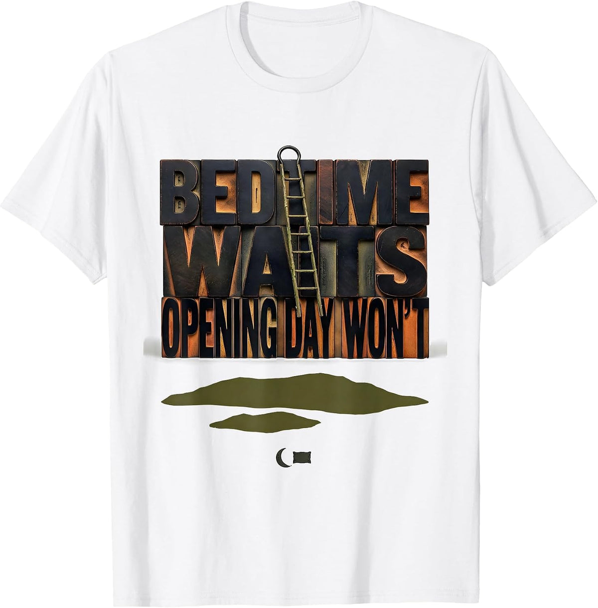 Men's Bedtime Waits Opening Day Won't Wood Type Letterpress Duck T-Shirt - White