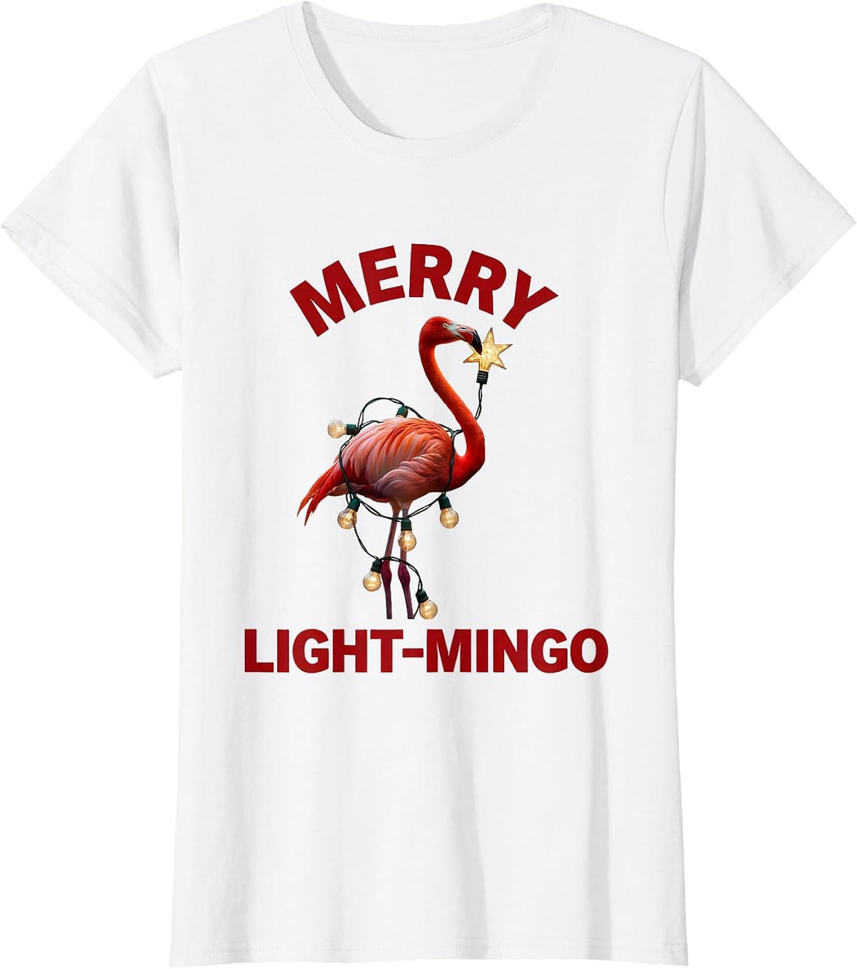 Women's Merry Light-Mingo Funny Flamingo Cactus Christmas in July T-Shirt - White