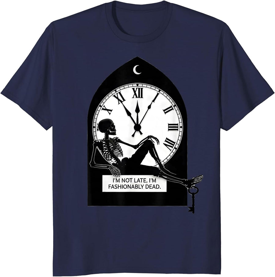 I'm Not Late, I'm Fashionably Dead Skeleton Tarot Card T-Shirt - Navy Blue