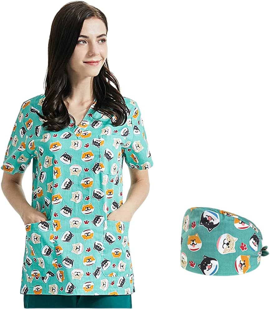 Women V-Neck Scrub_Shirt Work Clothing Pet Grooming Uniforms Animal Uniform Top Printing Working Scrubs Tops Cartoon Pet -