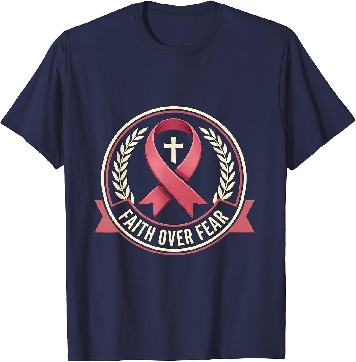 Men's Faith Over Fear Breast Cancer Awareness Design T-Shirt - Navy Blue