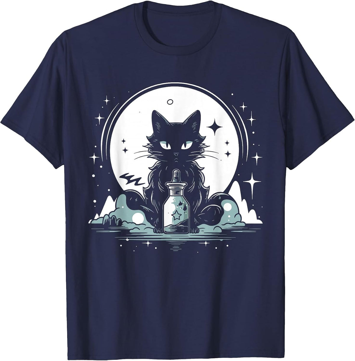 Kawaii Pastel Goth Magic Cat Mystic Moon Celestial Graphic T-Shirt - Navy Blue