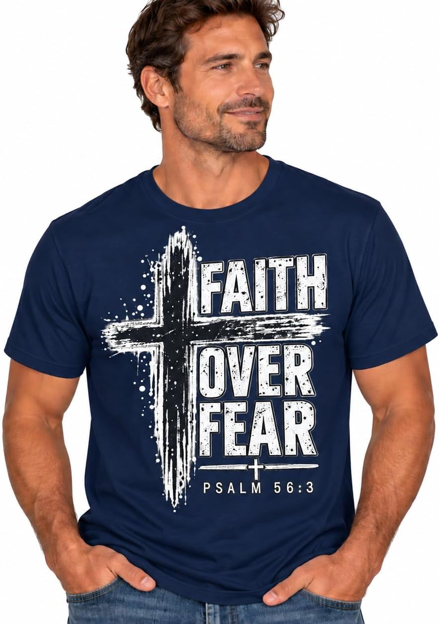 Faith Over Fear Cross Design T-Shirt | Psalm 56:3 Christian Shirt - Navy