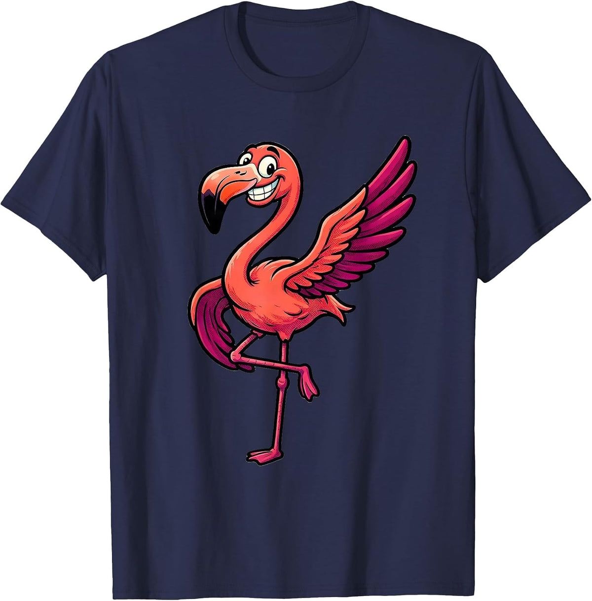 Retro Cartoon Grinning Flamingo Animal Humor T-Shirt - Navy Blue
