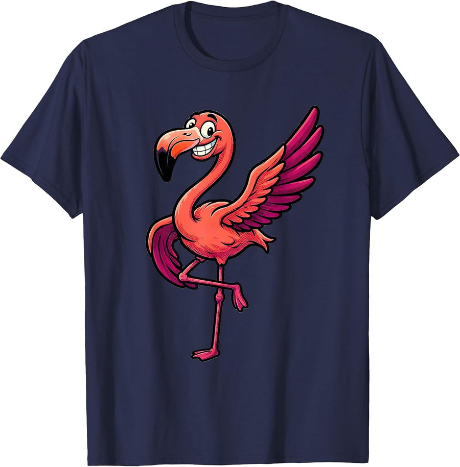 Retro Cartoon Grinning Flamingo Animal Humor T-Shirt - Navy Blue
