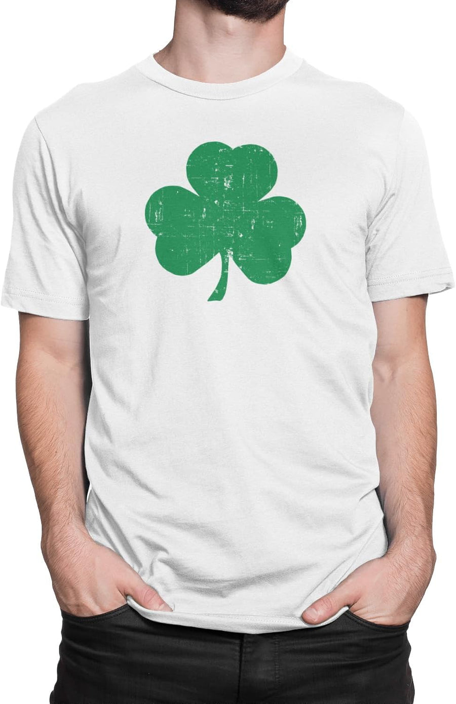 NYC FACTORY USA Printed Retro Green Irish Distressed Shamrock T-Shirt St Patricks Day Mens Ireland Pride Tee Shirt - White