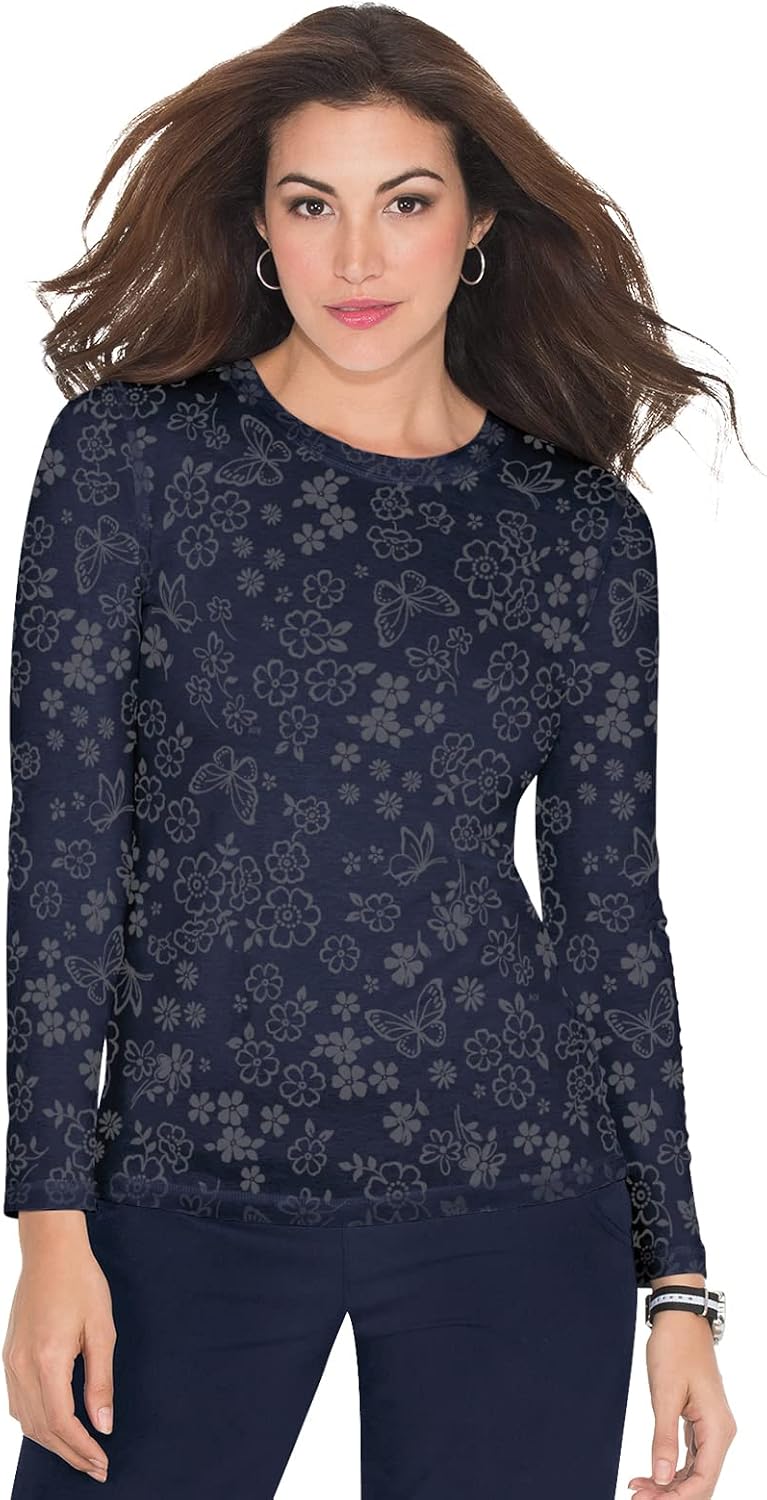 KOI Stretch 1061PR Women's Presley Scrub Tee Shirt Flower Burnout Navy XXS - As Pictured