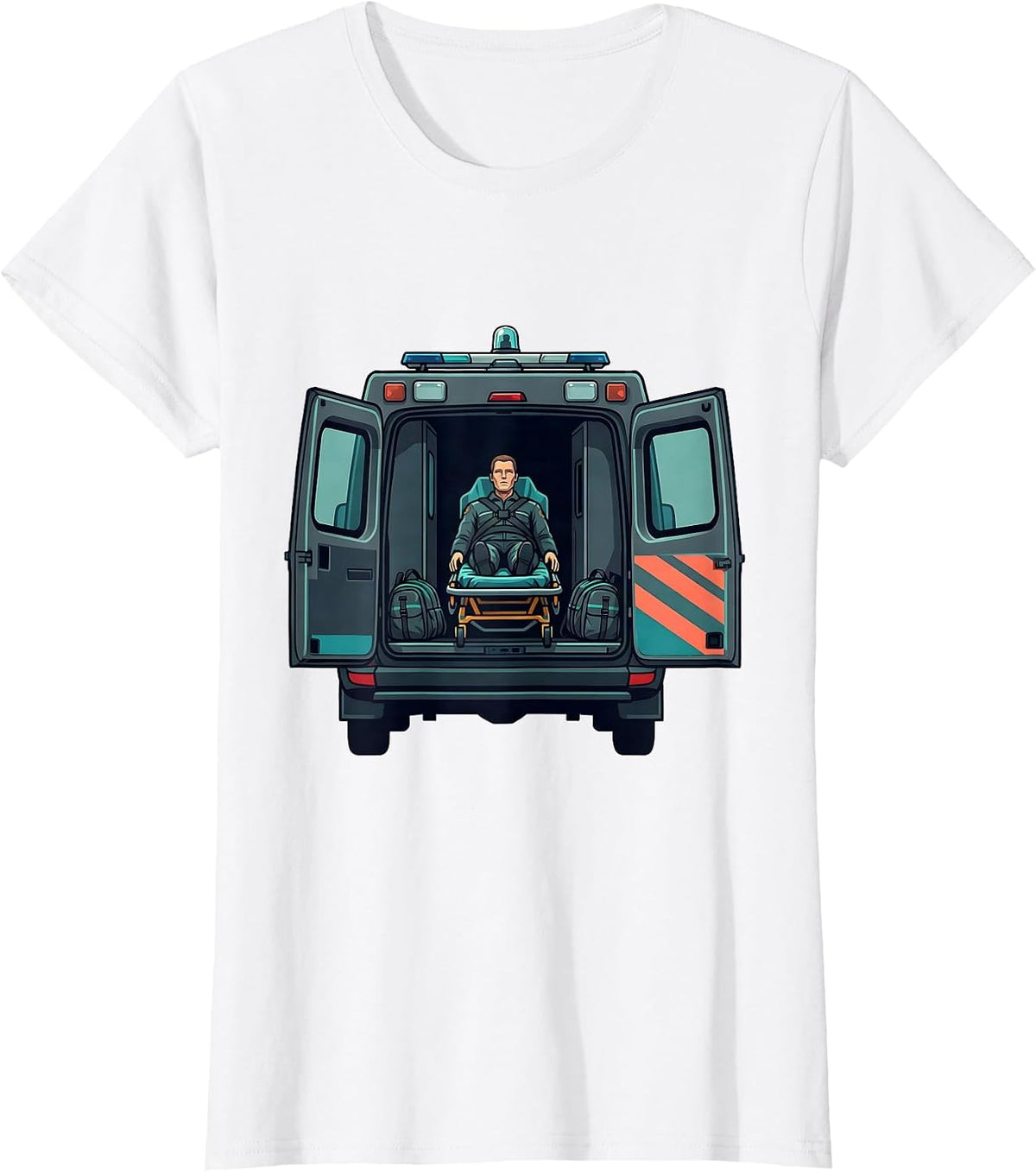 Ambulance Mannequin Stretcher Flat Vector EMT Paramedic T-Shirt - White
