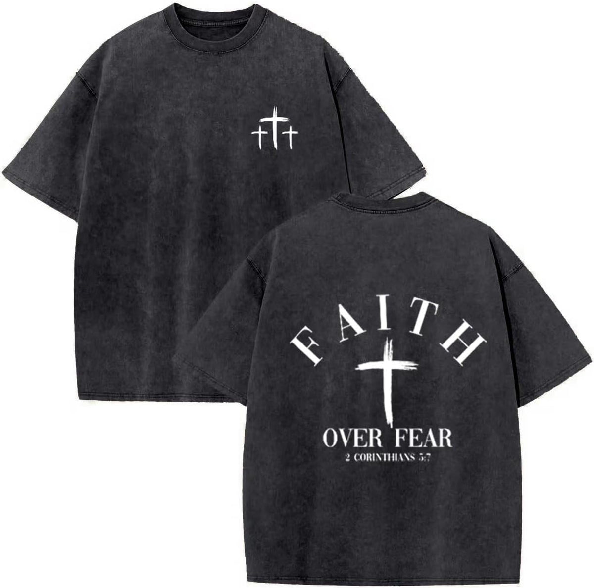 Christian Faith Over Fear Shirt for Men Cross God Oversized T-Shirt Inspirational Jesus Religious Short Sleeve Tops - Black
