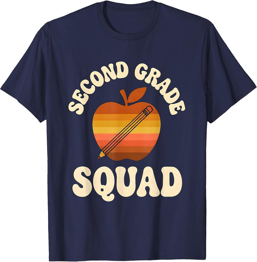 Second Grade Squad Retro Teacher Pencil Apple Back To School T-Shirt - Navy Blue