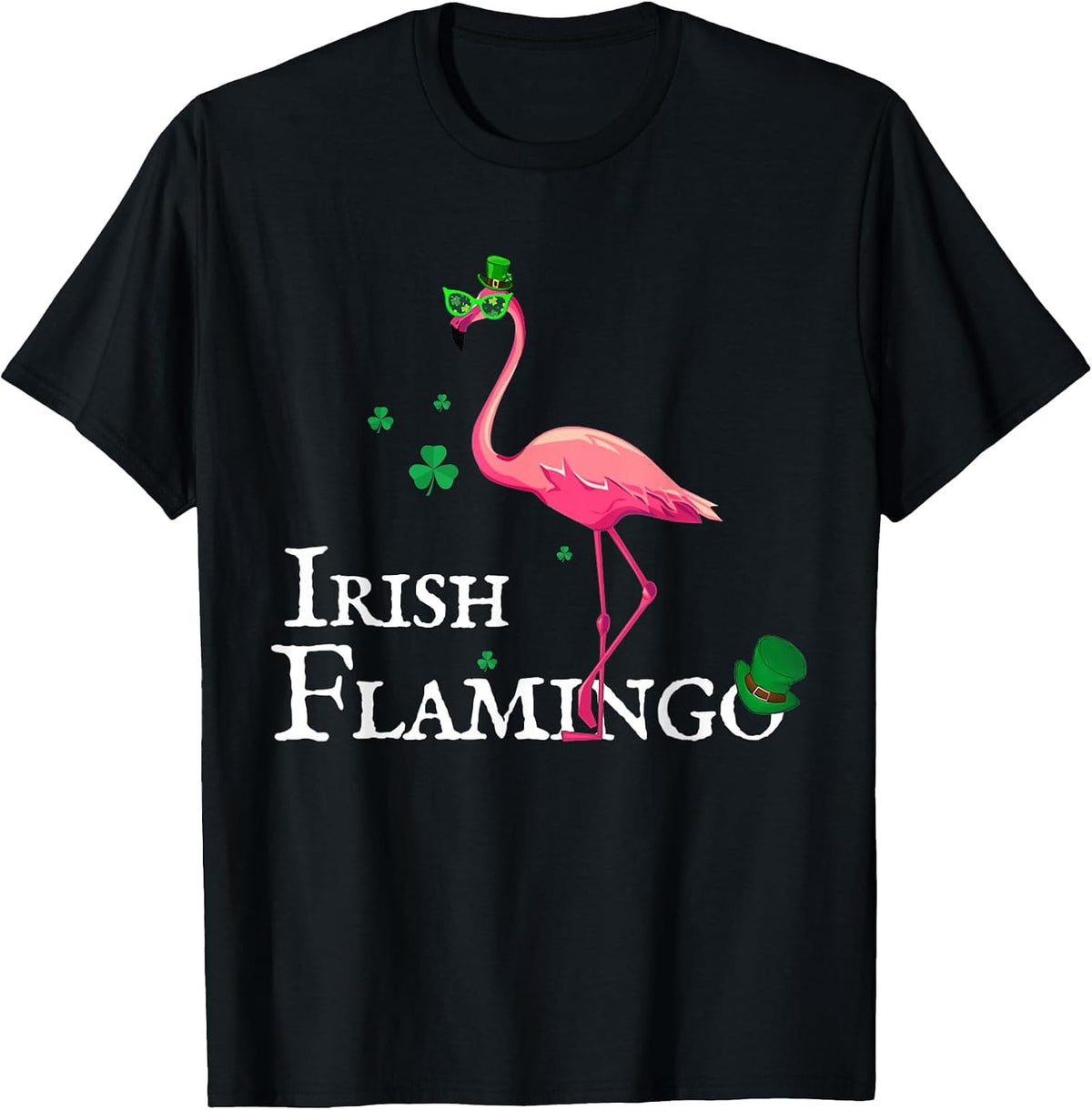 Funky Irish Pink Flamingo Green Bird St Pattys Day T-Shirt - Black