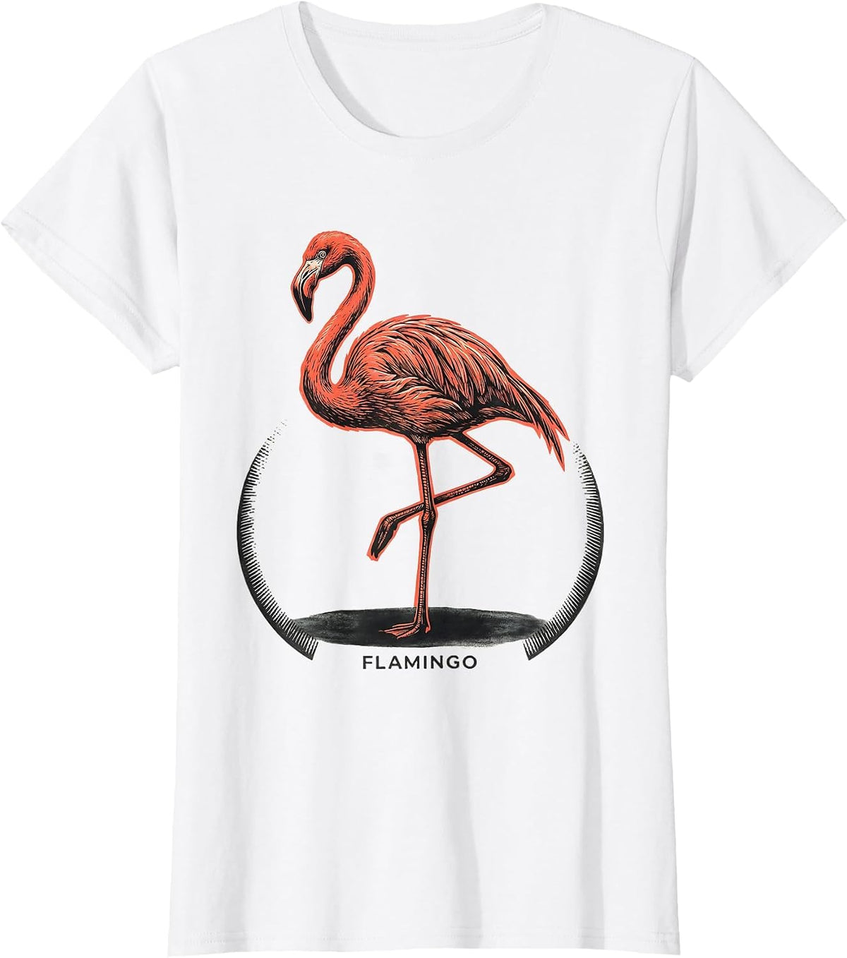 Women's FLAMINGO Minimalist Line Art Animal Badge Patch T-Shirt - White