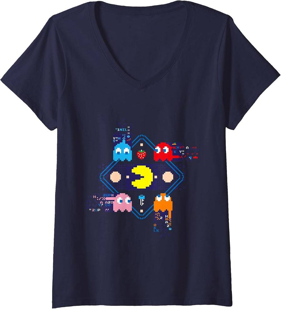 Women's 【PAC-MAN】 PAC-MAN Glitch 004 V-Neck T-Shirt - Navy Blue