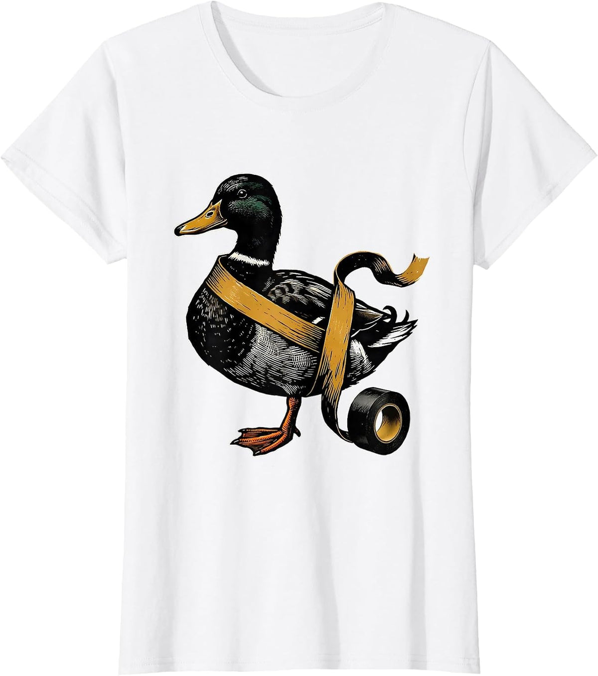 Women's Duck Tape Humor Linocut Funny Novelty Gift T-Shirt - White