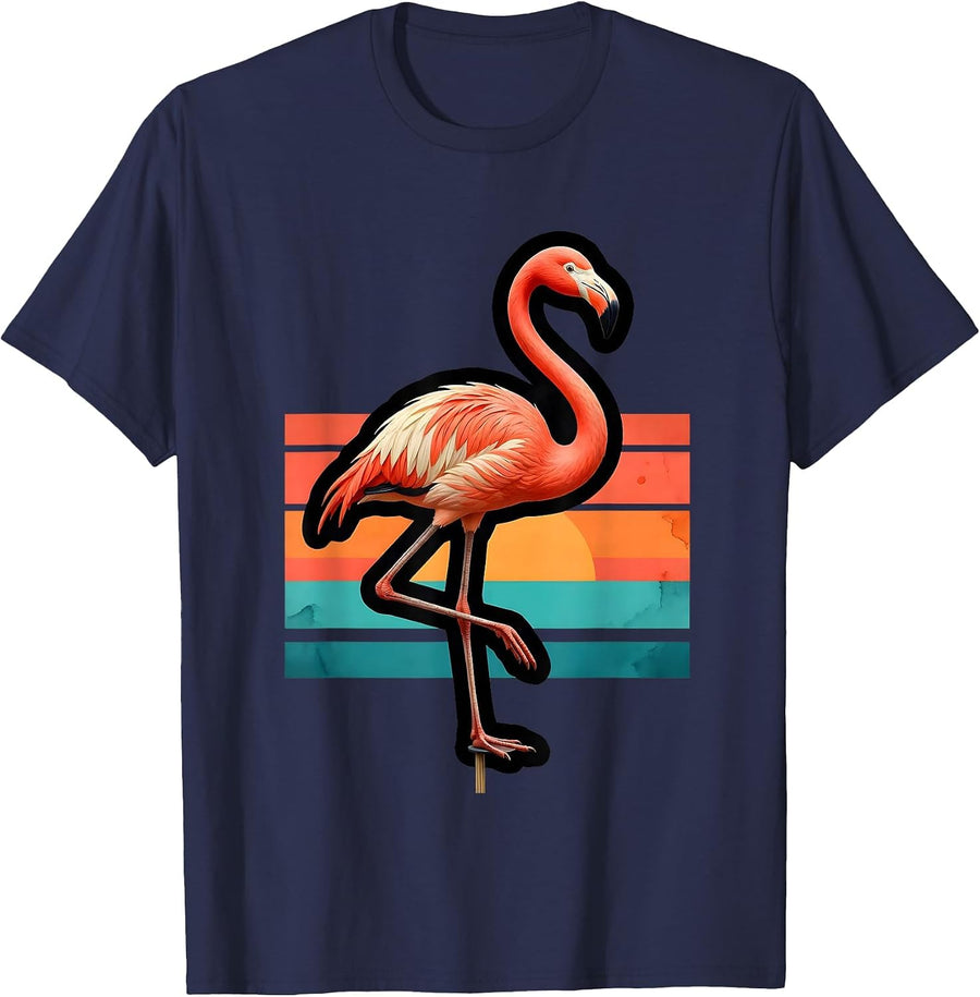 Oversized Flamingo Flat Cartoon Novelty Summer Vacation T-Shirt - Navy Blue