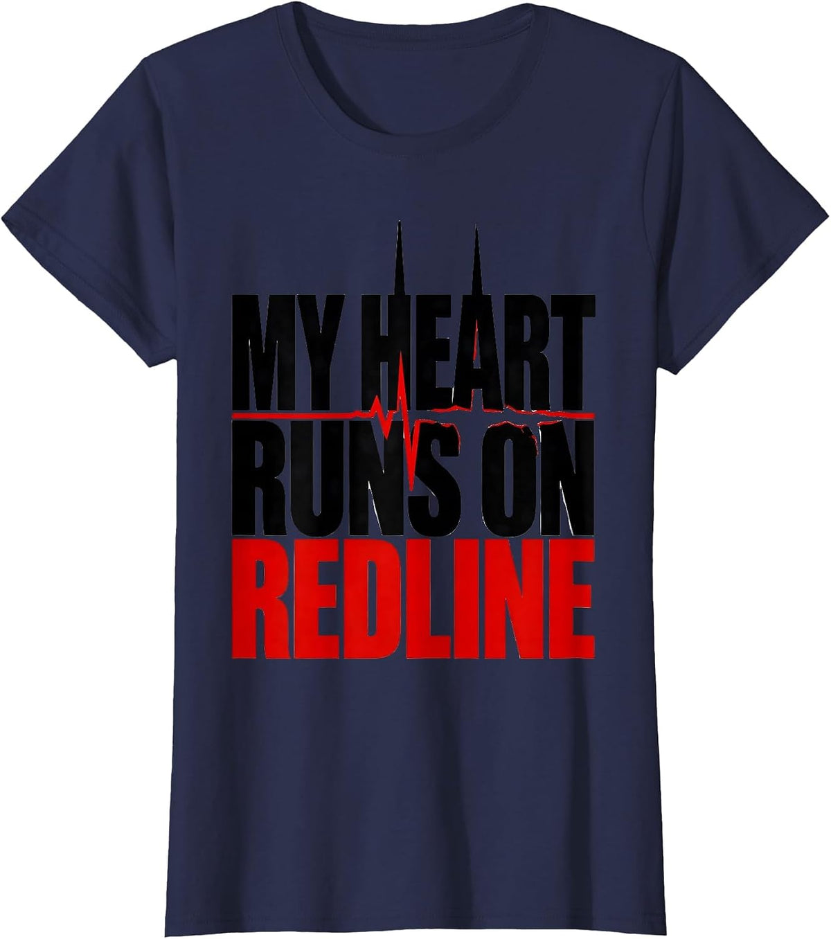 Women's My Heart Runs On Redline Funny Car Guy Auto Mechanic Racing T-Shirt - Navy Blue