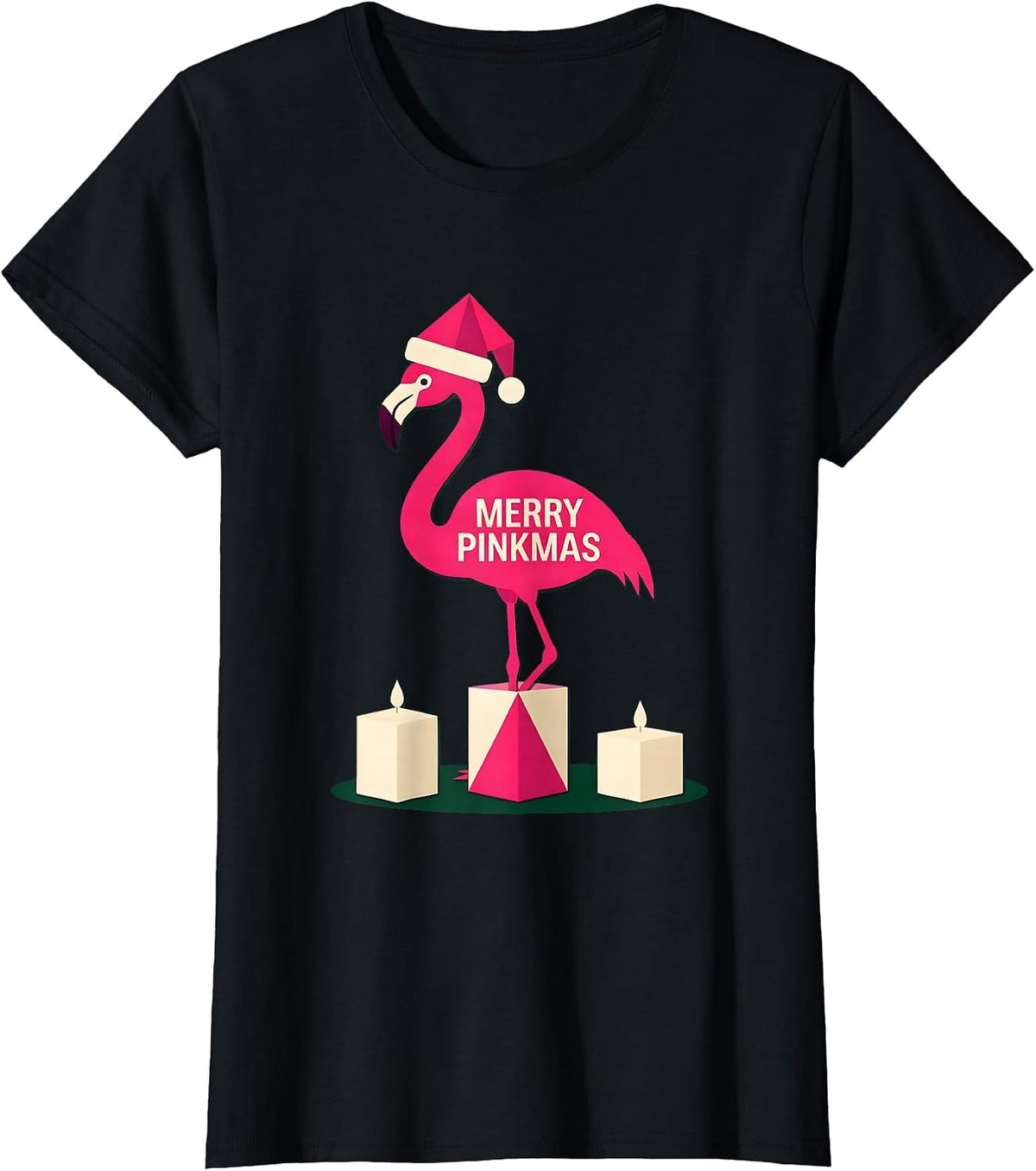 Women's Merry Pinkmas Flamingo Silhouette Christmas Pajamas Holiday T-Shirt - Black