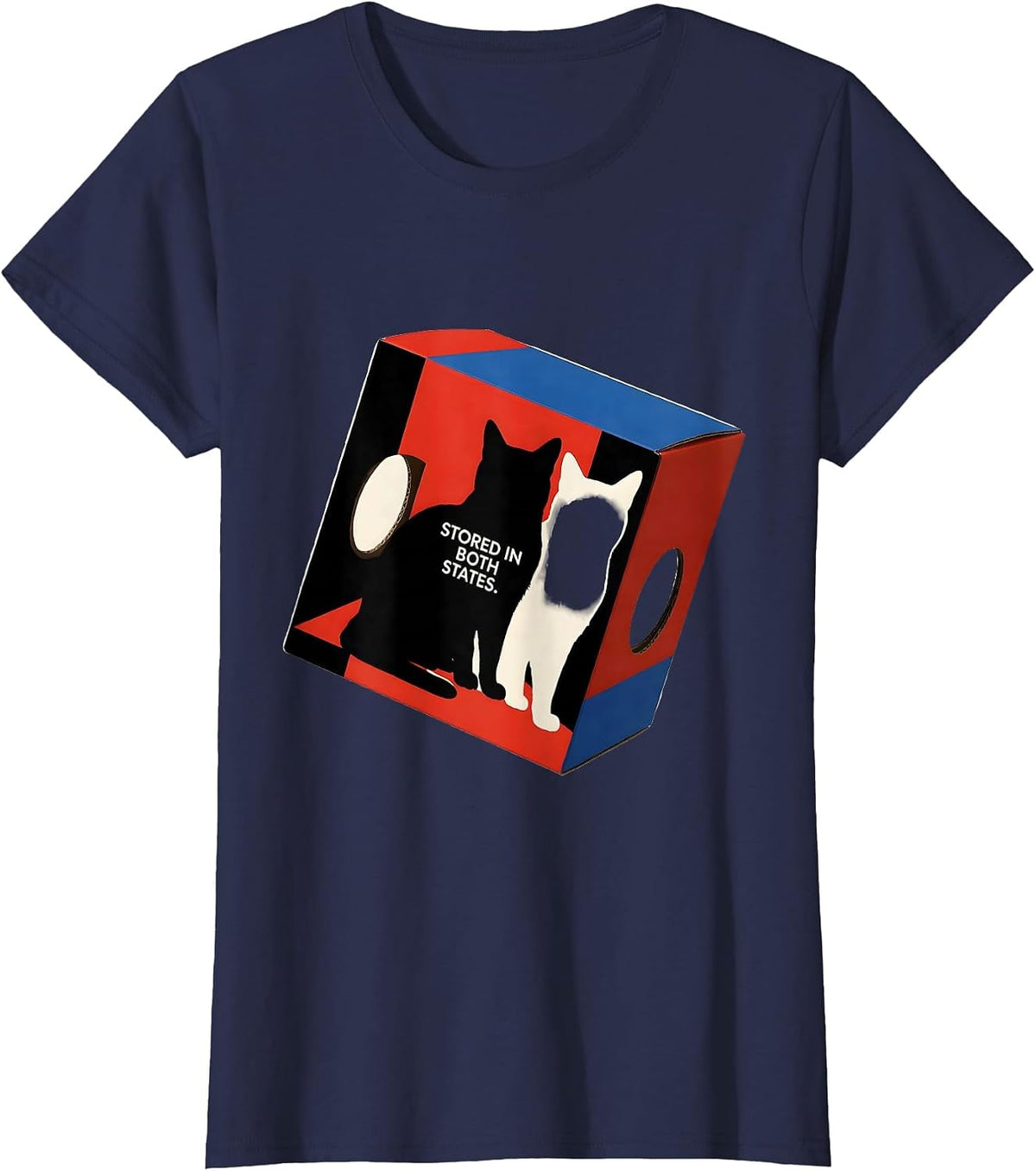 Women's Stored In Both States Bauhaus Modernist Physics Nerd Humor T-Shirt - Navy Blue