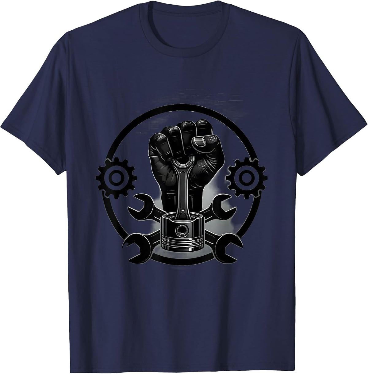 Men's Mechanic Hand Gripping Engine Piston Graphic Tee T-Shirt - Navy Blue