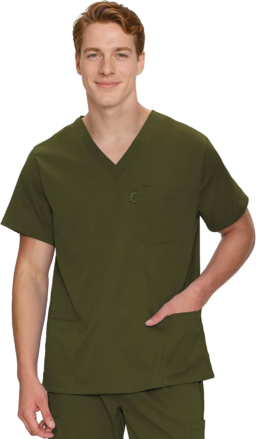 COZYFIT Scrub Tops for Men, Classic V-Neck Top with 4 Pockets - Olive Green