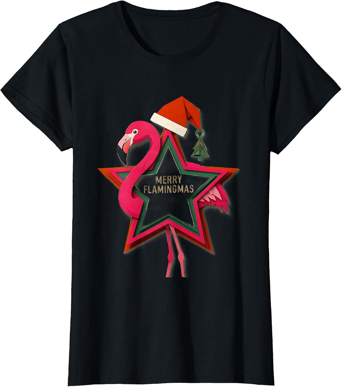 Merry Flamingmas Pink Flamingo Christmas Star Ornament T-Shirt - Black