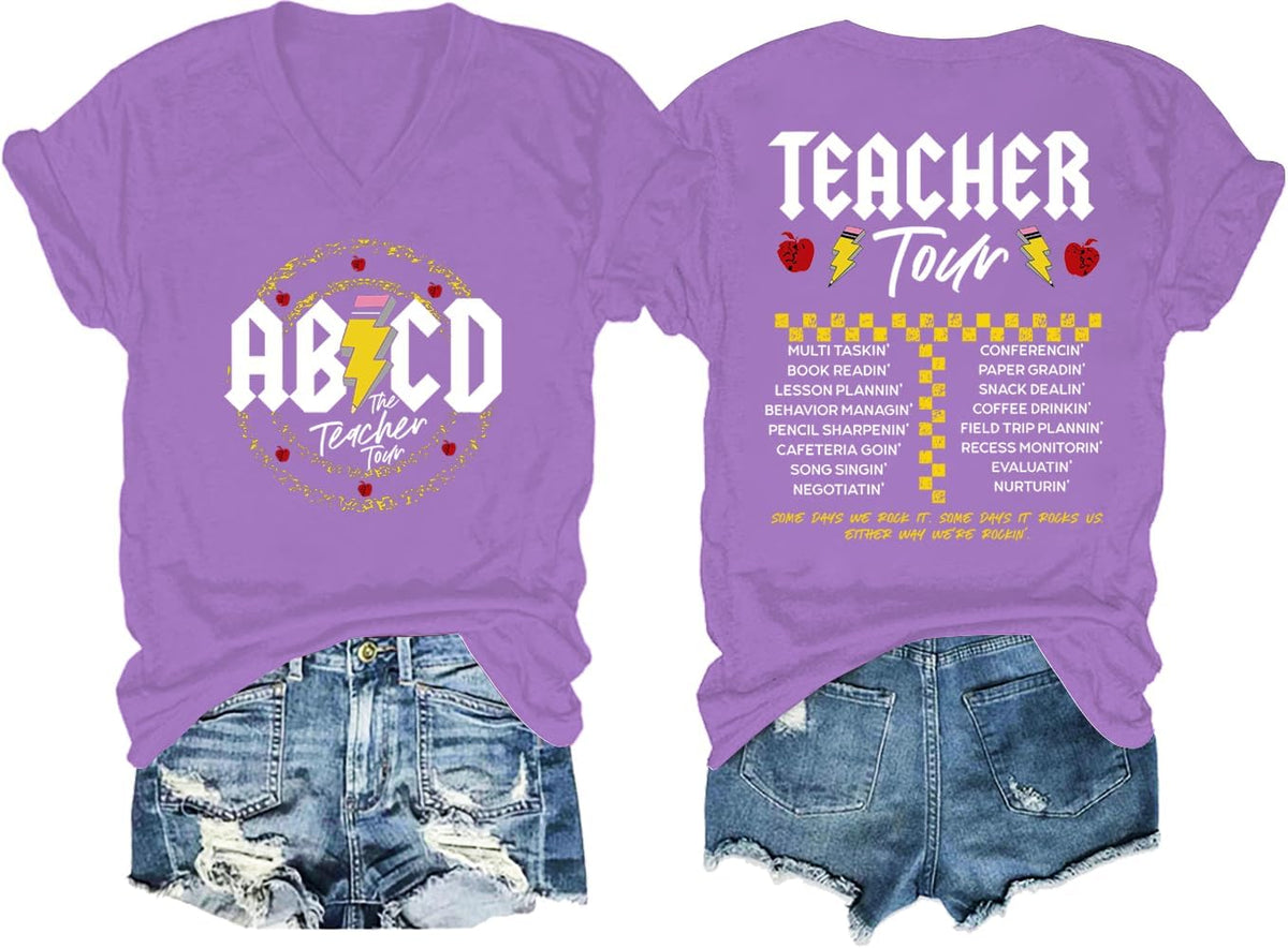 DarkJoy ABCD Teacher Tour Shirt V Neck T-Shirt ABCD Teacher Tshirt - Purple1