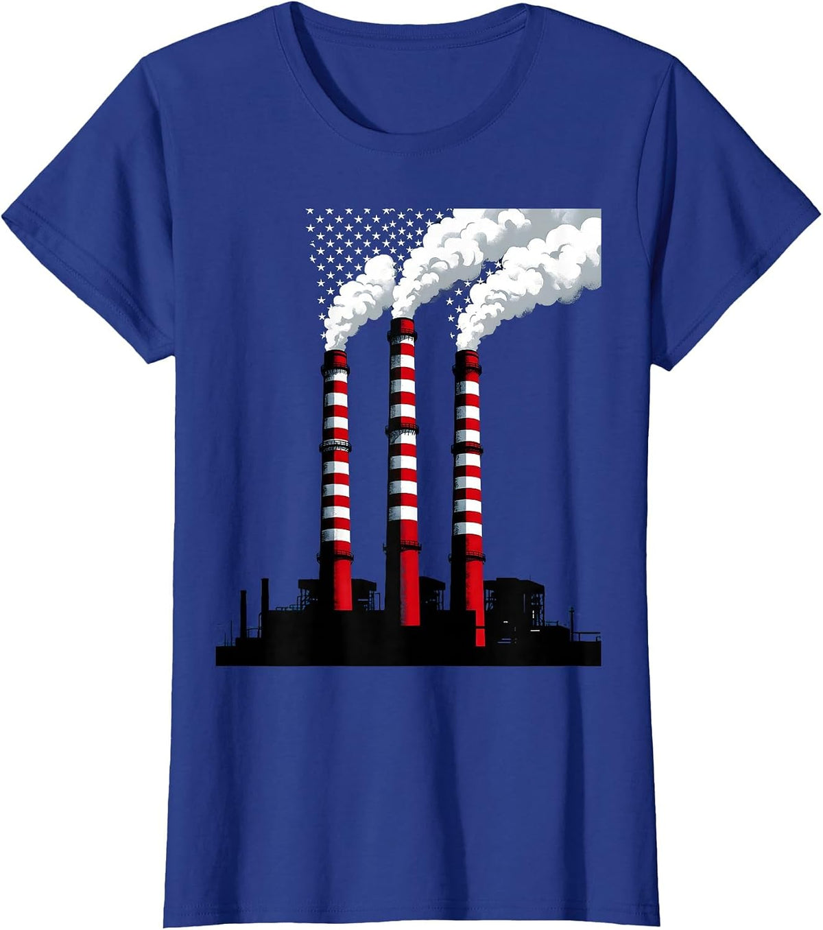 Women's Stars and Stripes Factory Smokestacks Labor Day T-Shirt - Royal Blue