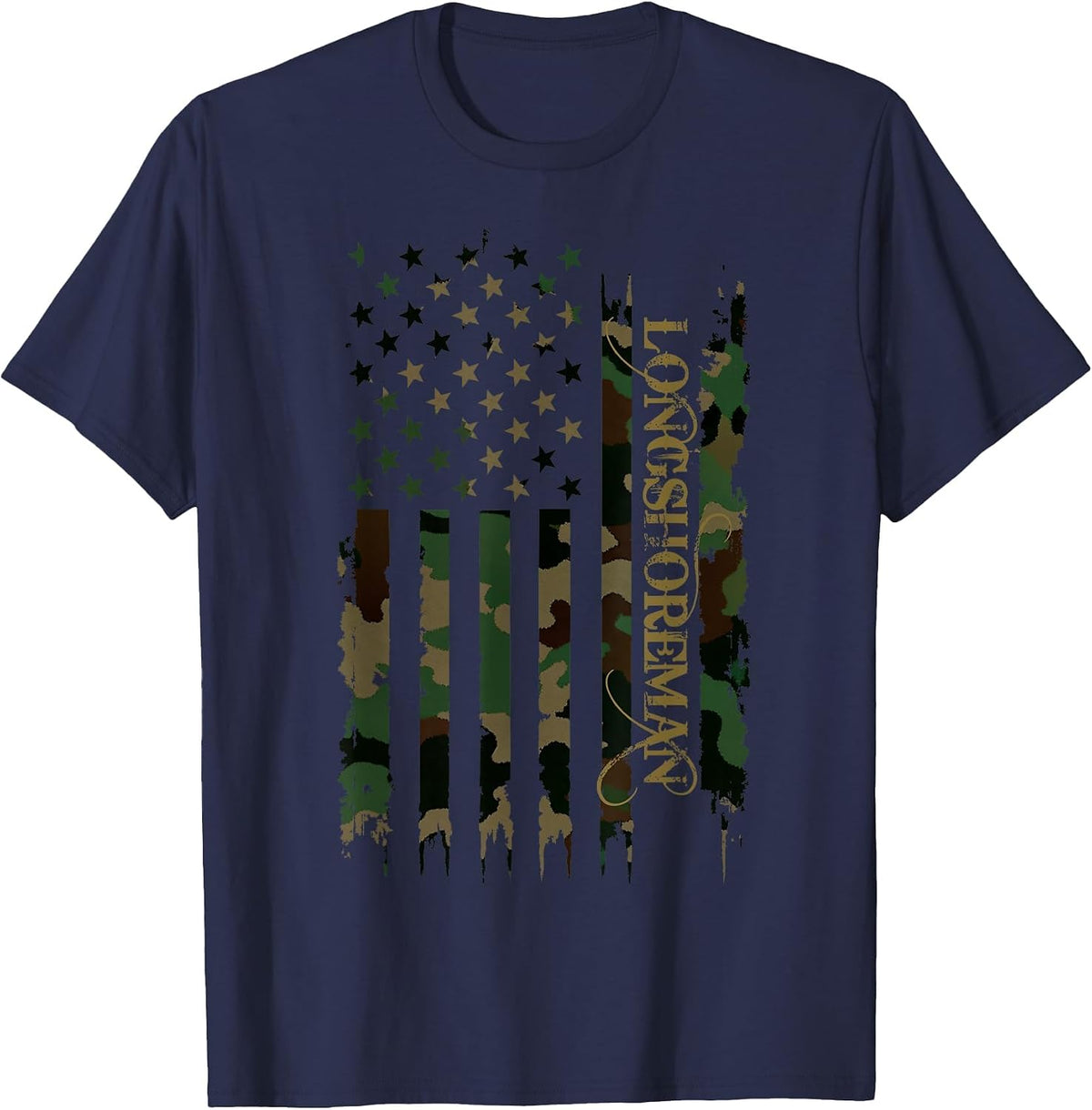 Longshoreman United States Distressed Camo w US Flag T-Shirt - Navy Blue