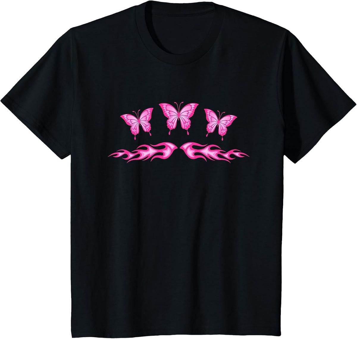 Fairycore Pink Butterfly Tattoo Flames y2k Egirl Aesthetic T-Shirt - Black