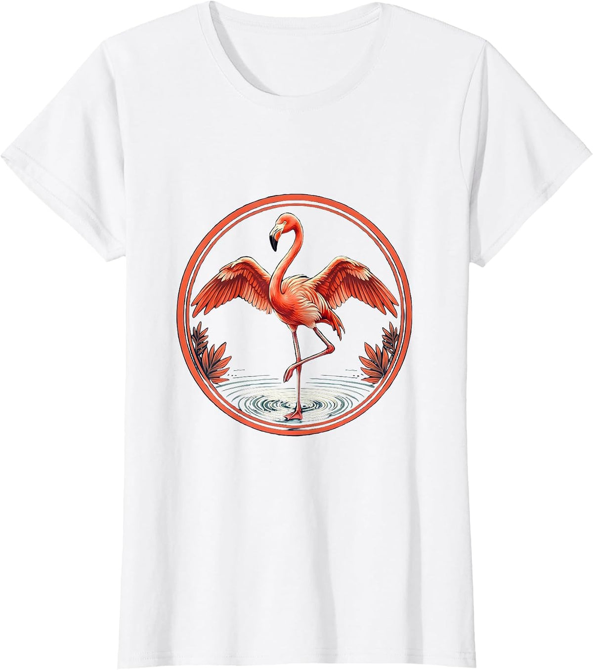 Flamingo Standing in Shallow Pink Water Illustration T-Shirt - White