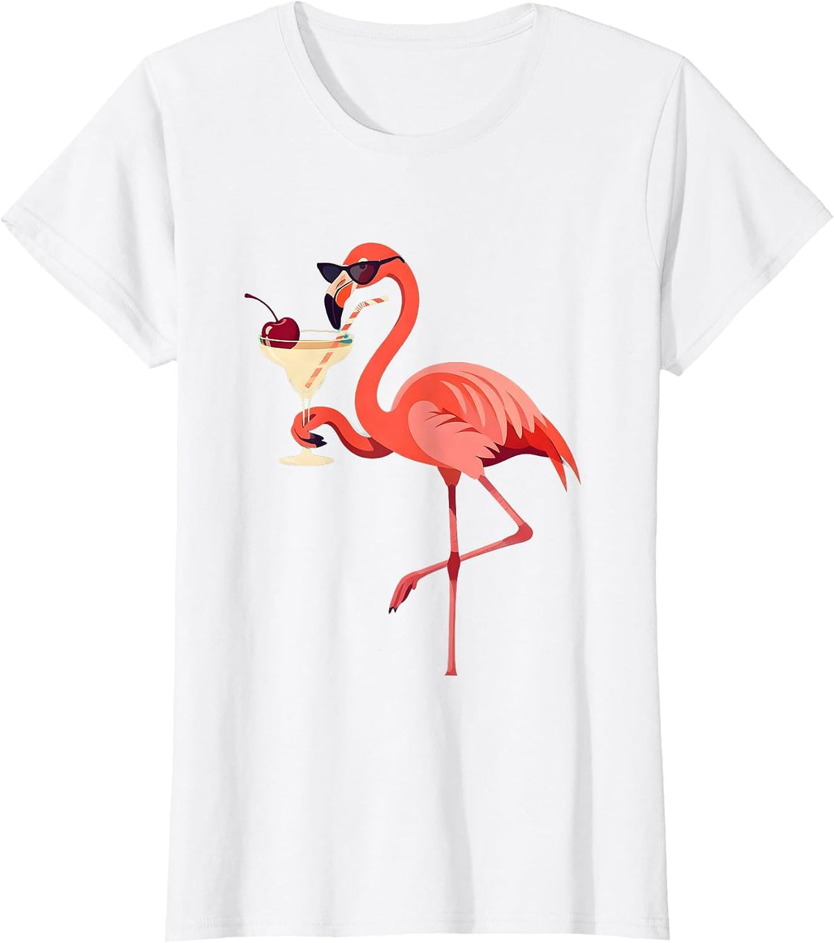 Flamingo in Sunglasses Sipping Cocktail Design T-Shirt - White