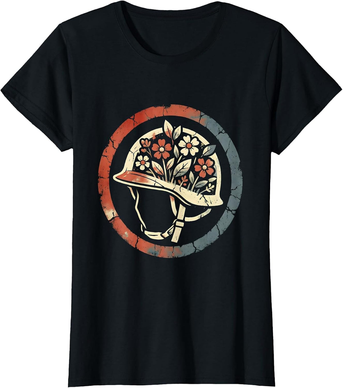 Red White Blue Soldier Helmet Wildflowers Graphic T-Shirt - Black