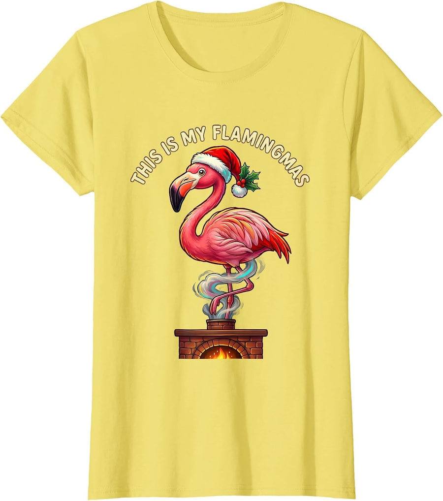Women's This Is My Flamingmas Pink Flamingo Santa Hat Christmas T-Shirt - Lemon Yellow