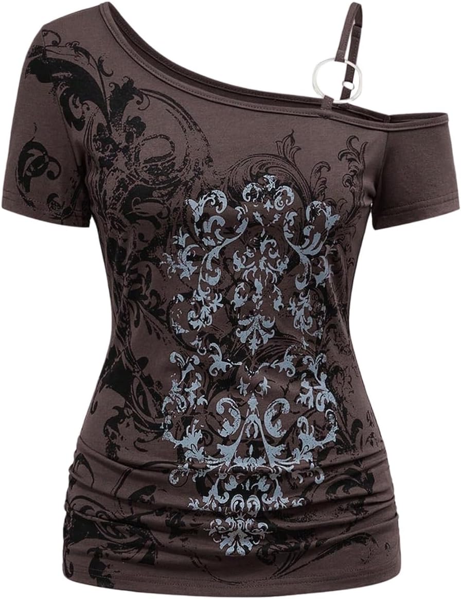 SOLY HUX Women's Gothic Tee Emo Alt Clothes Grunge Shirts Off Shoulder Tops - Brown Graphic