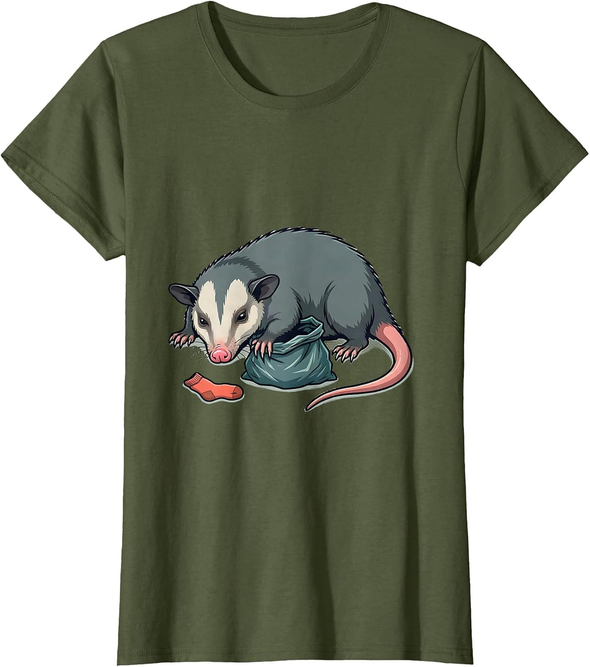 Women's Oversized Opossum Fake Death Trash Bag Deadpan Humor T-Shirt - Olive Green