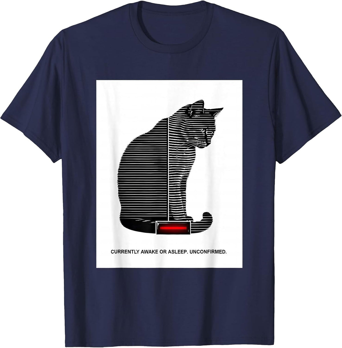 Men's Currently Awake Or Asleep Unconfirmed Quantum Physics Humor T-Shirt - Navy Blue