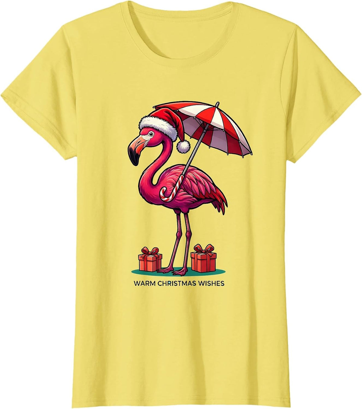 Warm Christmas Wishes Cartoon Pink Flamingo Santa Hat Funny T-Shirt - Lemon Yellow