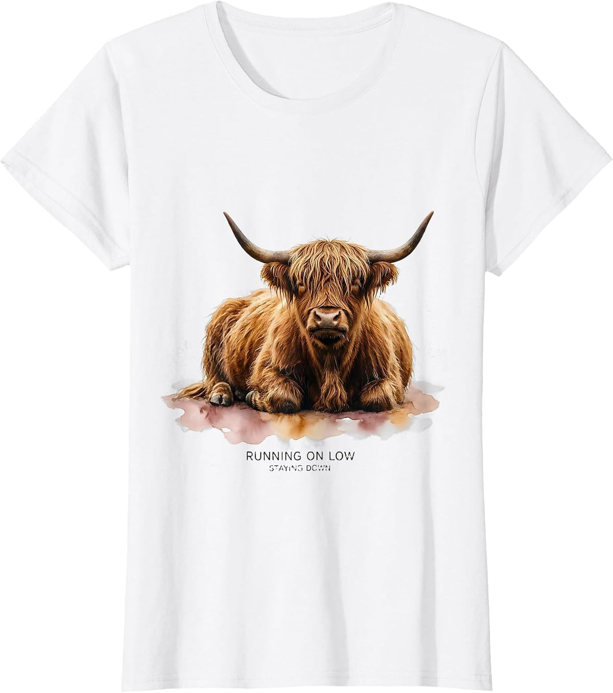 Running On Low, Staying Down Watercolor Highland Cow Cute T-Shirt - White
