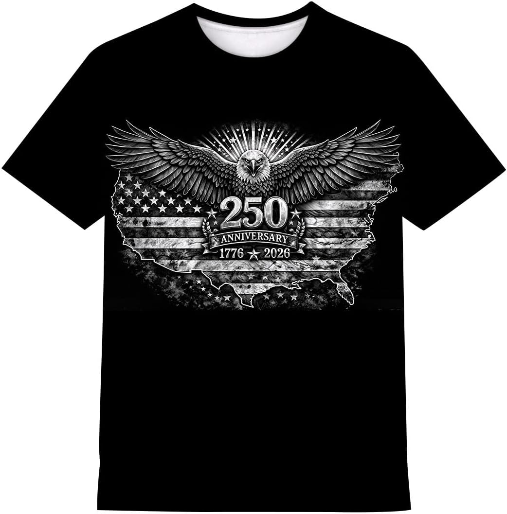 Men's American Flag Graphic T Shirt Patriotic Eagle Skull USA Independence Day Short Sleeve Crewneck Tee - Black