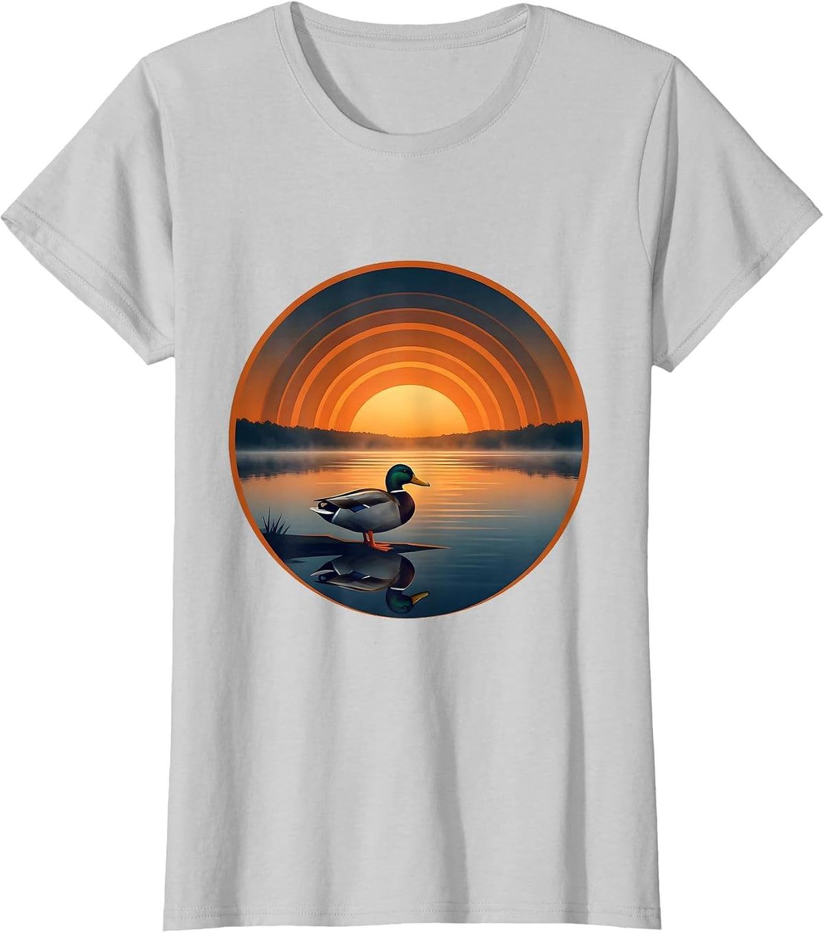 Women's Duck Silhouette Misty Sunrise Lake Graphic T-Shirt - Silver Grey