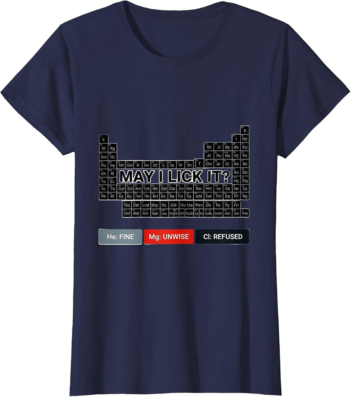 Women's May I Lick It? Funny Periodic Table Science Teacher T-Shirt - Navy Blue