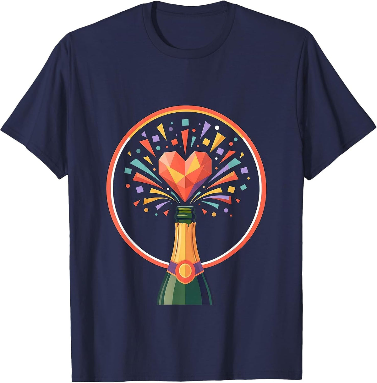Birthday Champagne Bottle Confetti Heart Burst T-Shirt - Navy Blue