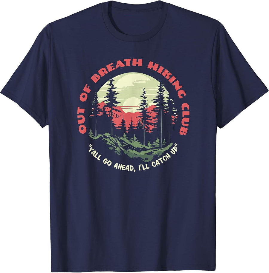 Out of Breath Hiking Club Funny Slow Hiker Nature T-Shirt - Navy Blue