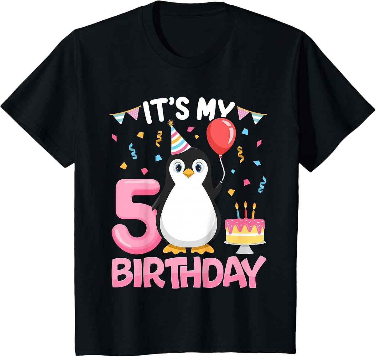 Kids Penguin Birthday 5 Year Old Girl 5th Birthday Party Five T-Shirt - Black
