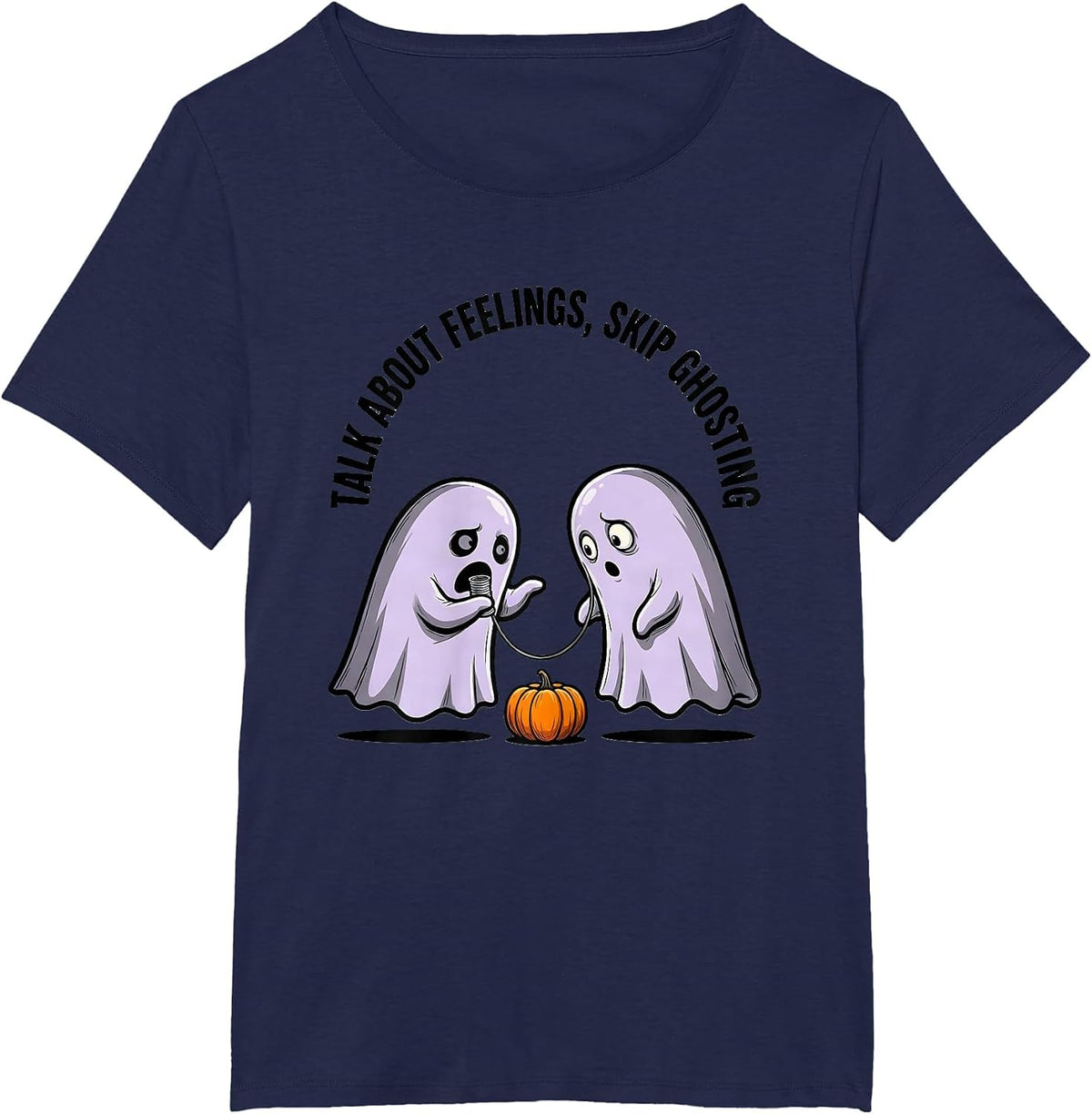 Women's Talk About Feelings Skip Ghosting Cartoon Ghost Mental T-Shirt - Navy Blue