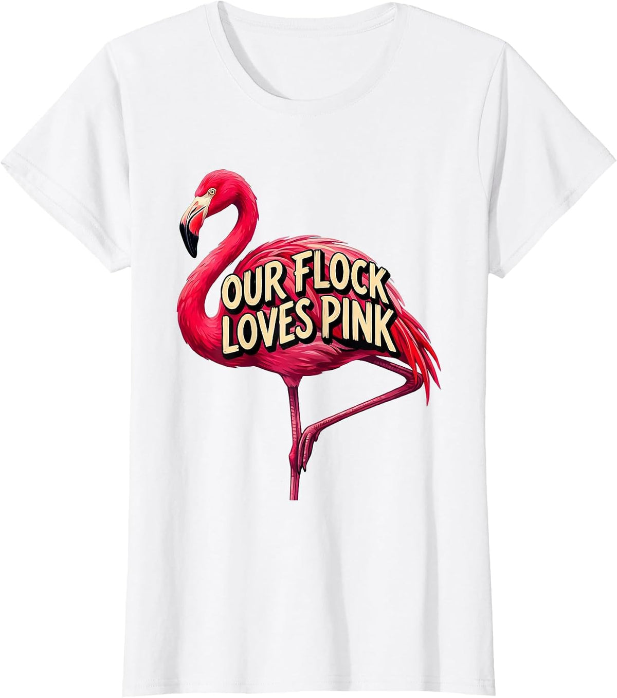 Women's Our Flock Loves Pink Funny Flamingo Novelty Bird Lover Gift T-Shirt - White