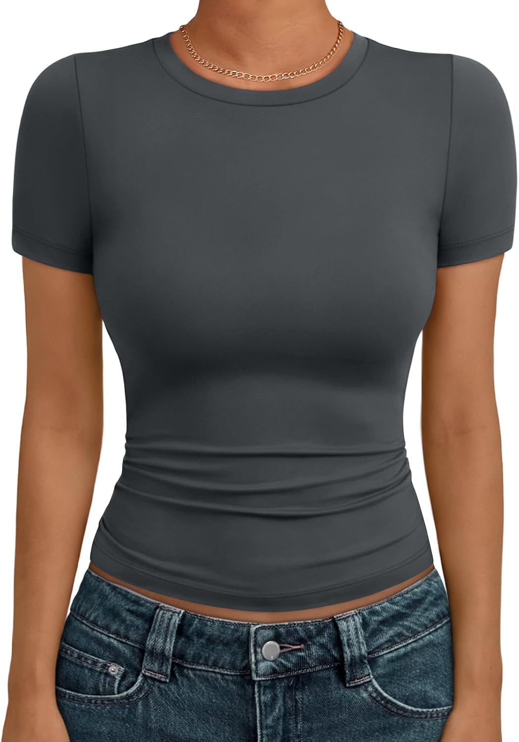 AUTOMET Women's Crewneck Short Sleeve T-Shirt Sexy Slim Fit Basic Going Out Tops - Gray