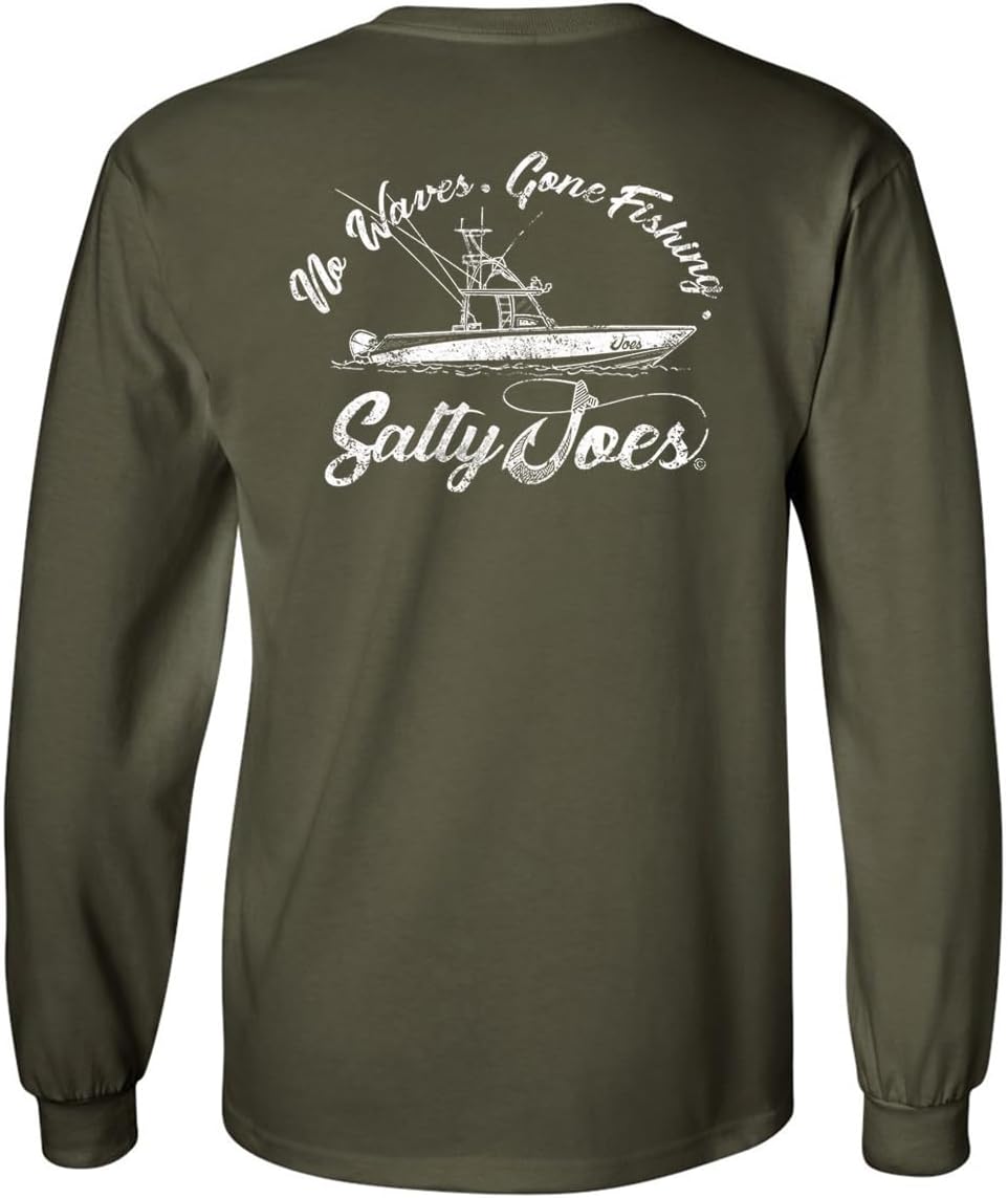 SALTY JOES Men's Fishing Boat Logo Heavy Long Sleeve Tees - Military Green \/ White Fishing Boat Logo